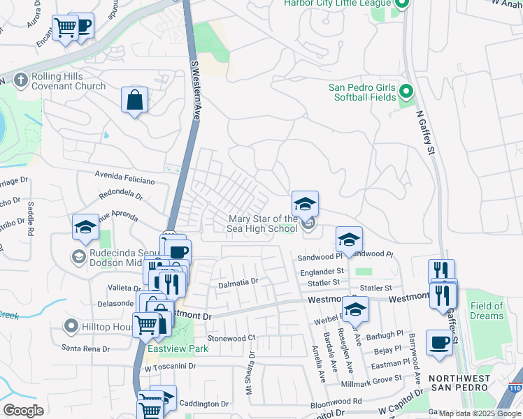 map of restaurants, bars, coffee shops, grocery stores, and more near 1465 Reef Lane in Los Angeles