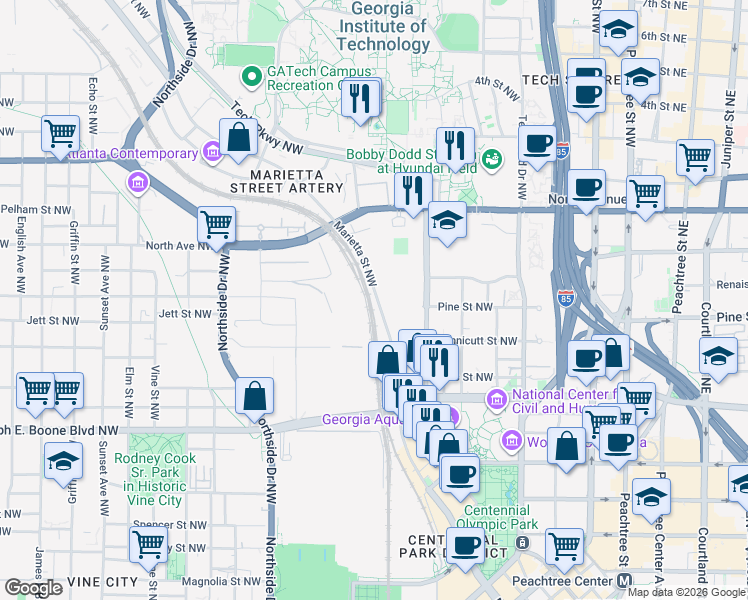 map of restaurants, bars, coffee shops, grocery stores, and more near 560 Marietta Street NorthWest in Atlanta