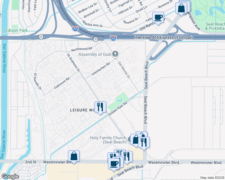 map of restaurants, bars, coffee shops, grocery stores, and more near 1731 Sunningdale Road in Seal Beach