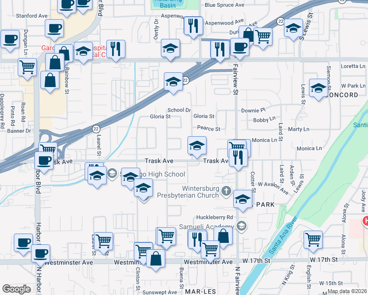map of restaurants, bars, coffee shops, grocery stores, and more near 13422 Buena Way in Garden Grove