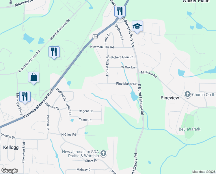 map of restaurants, bars, coffee shops, grocery stores, and more near 4241 Pine Manor Dr in Douglasville