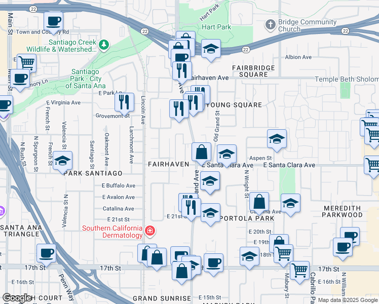 map of restaurants, bars, coffee shops, grocery stores, and more near 18 North Grand Avenue in Santa Ana