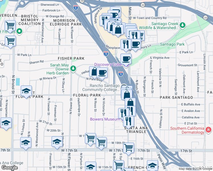 map of restaurants, bars, coffee shops, grocery stores, and more near 2341 Bonnie Brae in Santa Ana