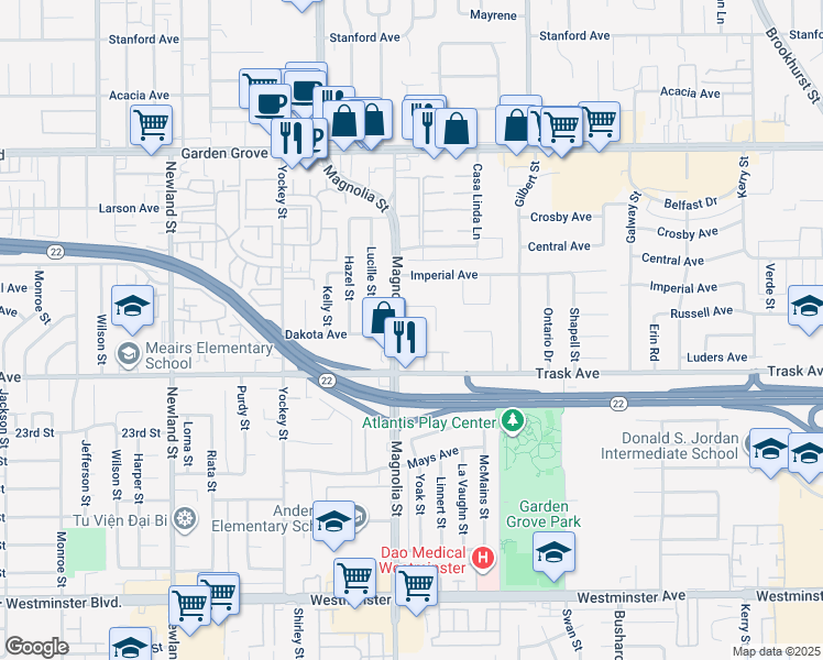 map of restaurants, bars, coffee shops, grocery stores, and more near 13392 Magnolia Street in Garden Grove