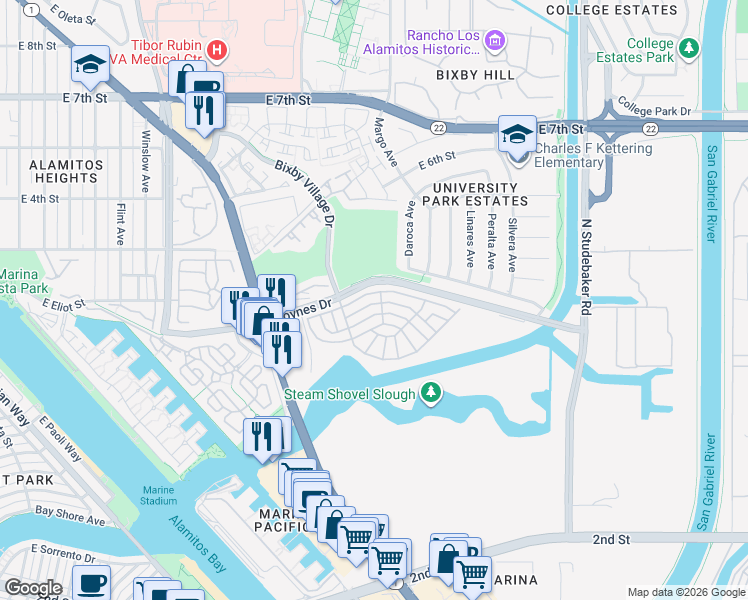 map of restaurants, bars, coffee shops, grocery stores, and more near 6245 East Beach Comber Drive in Long Beach