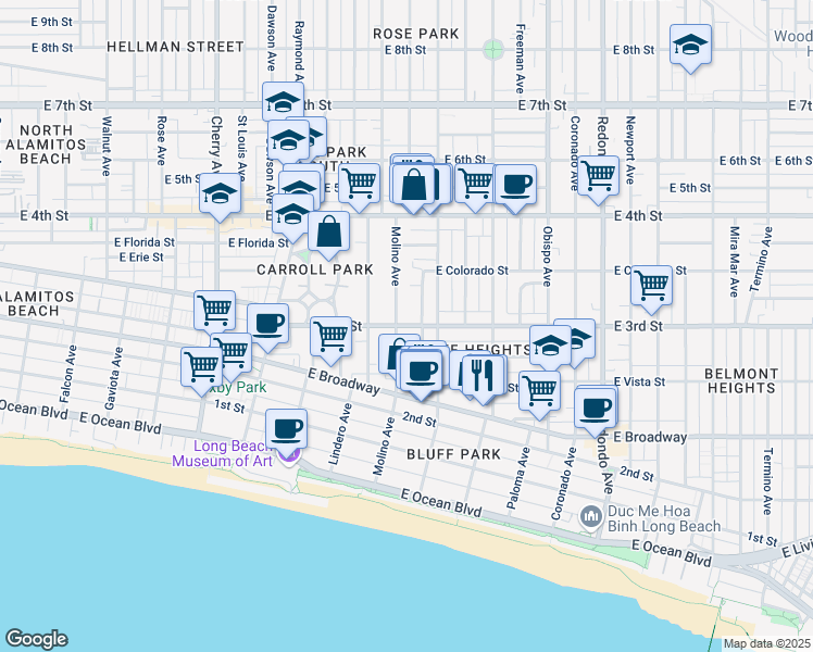 map of restaurants, bars, coffee shops, grocery stores, and more near 2750 Colorado Place in Long Beach