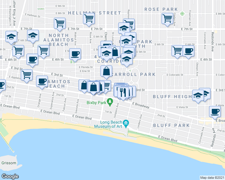 map of restaurants, bars, coffee shops, grocery stores, and more near 2027 East Appleton Street in Long Beach
