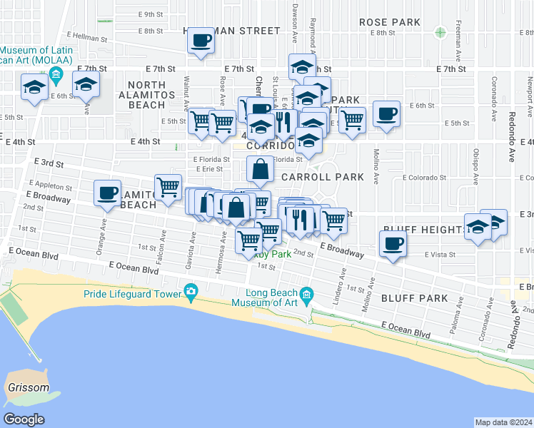 map of restaurants, bars, coffee shops, grocery stores, and more near 2027 East Appleton Street in Long Beach