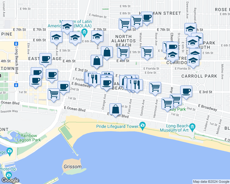 map of restaurants, bars, coffee shops, grocery stores, and more near 1231 2nd Street in Long Beach