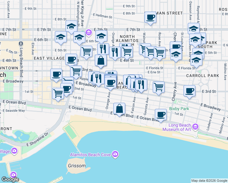 map of restaurants, bars, coffee shops, grocery stores, and more near 1231 2nd Street in Long Beach