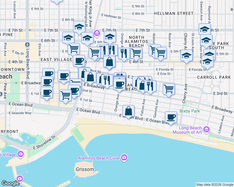 map of restaurants, bars, coffee shops, grocery stores, and more near 1175 East 2nd Street in Long Beach