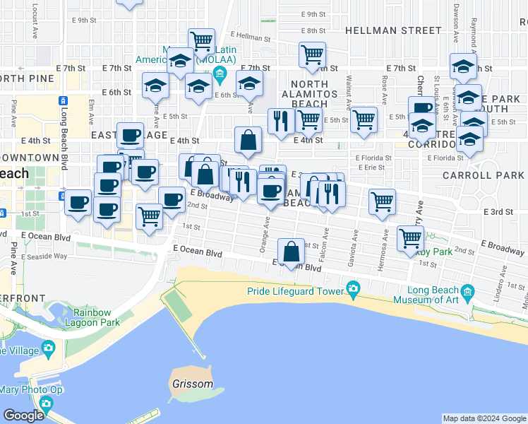 map of restaurants, bars, coffee shops, grocery stores, and more near 1149 2nd Street in Long Beach