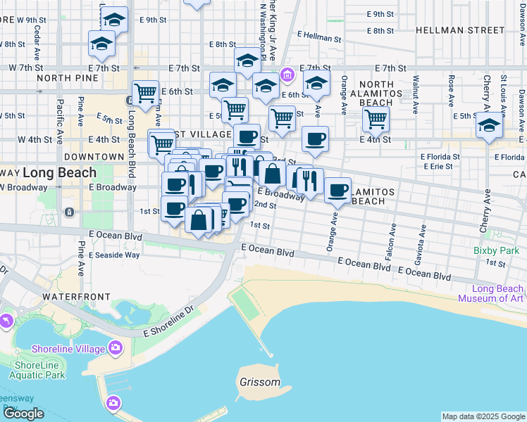 map of restaurants, bars, coffee shops, grocery stores, and more near 150 Alamitos Avenue in Long Beach