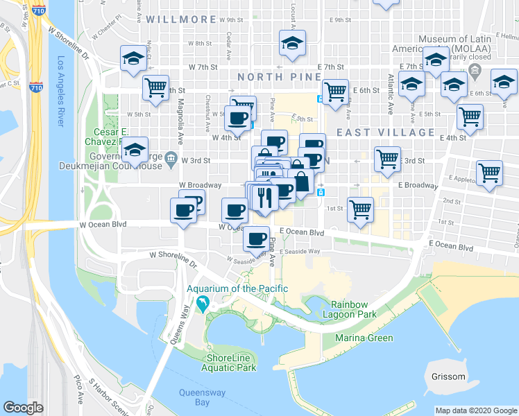 map of restaurants, bars, coffee shops, grocery stores, and more near 231 Pine Avenue in Long Beach