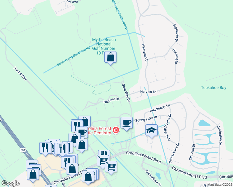 map of restaurants, bars, coffee shops, grocery stores, and more near 4940 Windsor Green Way in Myrtle Beach
