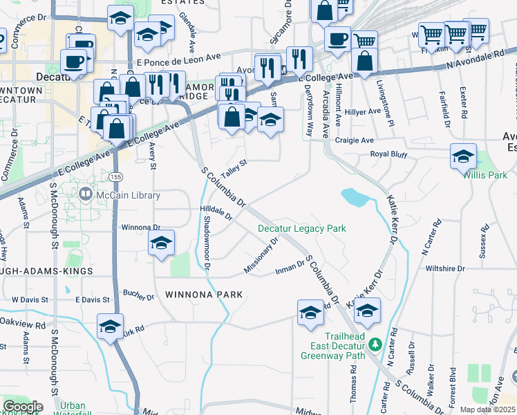 map of restaurants, bars, coffee shops, grocery stores, and more near 410 South Columbia Drive in Decatur