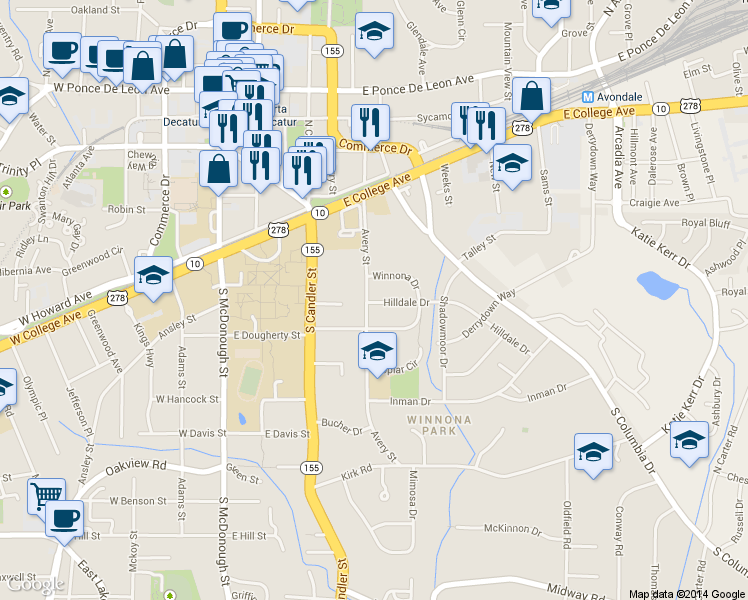 map of restaurants, bars, coffee shops, grocery stores, and more near 118 Hilldale Drive in Decatur