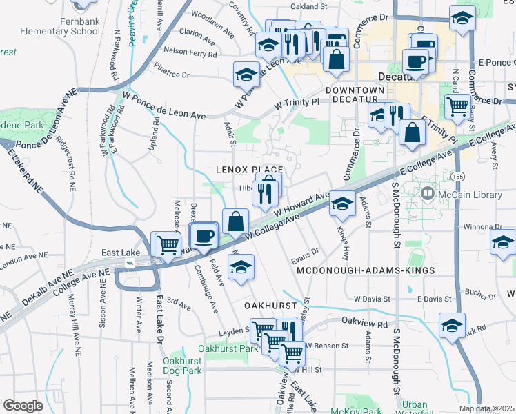 map of restaurants, bars, coffee shops, grocery stores, and more near 218 Ridley Lane in Decatur