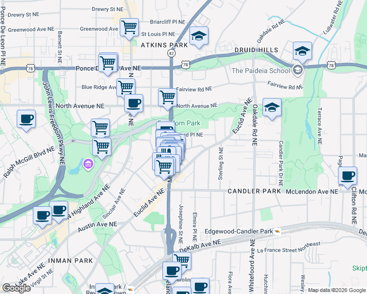 map of restaurants, bars, coffee shops, grocery stores, and more near 1206 Mansfield Avenue Northeast in Atlanta
