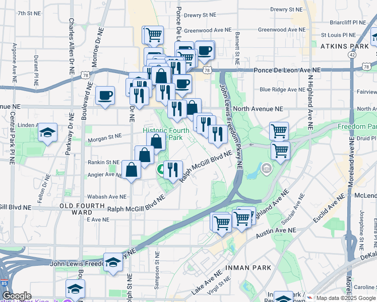 map of restaurants, bars, coffee shops, grocery stores, and more near 760 Ralph McGill Boulevard Northeast in Atlanta