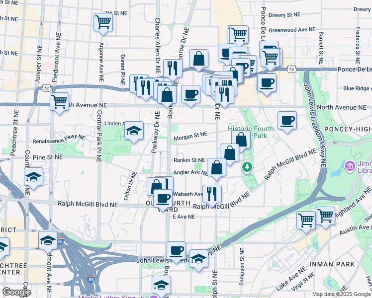 map of restaurants, bars, coffee shops, grocery stores, and more near 513 Winton Terrace Northeast in Atlanta