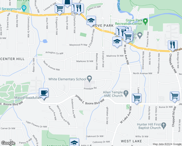 map of restaurants, bars, coffee shops, grocery stores, and more near 1876 North Avenue Northwest in Atlanta
