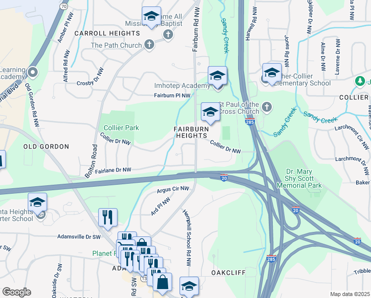 map of restaurants, bars, coffee shops, grocery stores, and more near 483 Fairlane Circle Northwest in Atlanta