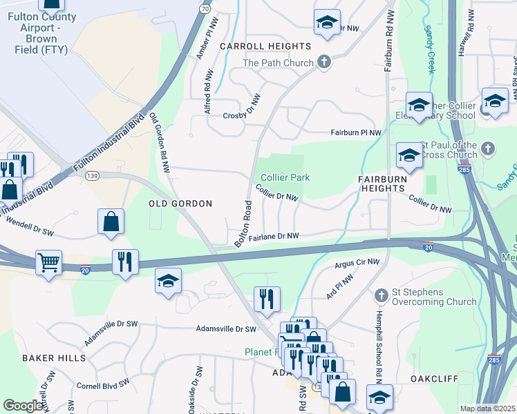 map of restaurants, bars, coffee shops, grocery stores, and more near 474 Fairlock Lane Northwest in Atlanta