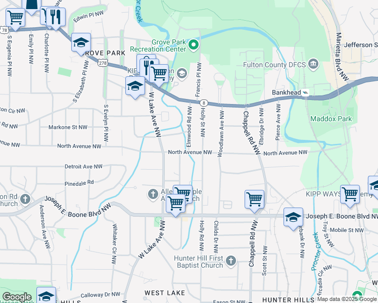 map of restaurants, bars, coffee shops, grocery stores, and more near 1557 N Circle Drive Northwest in Atlanta