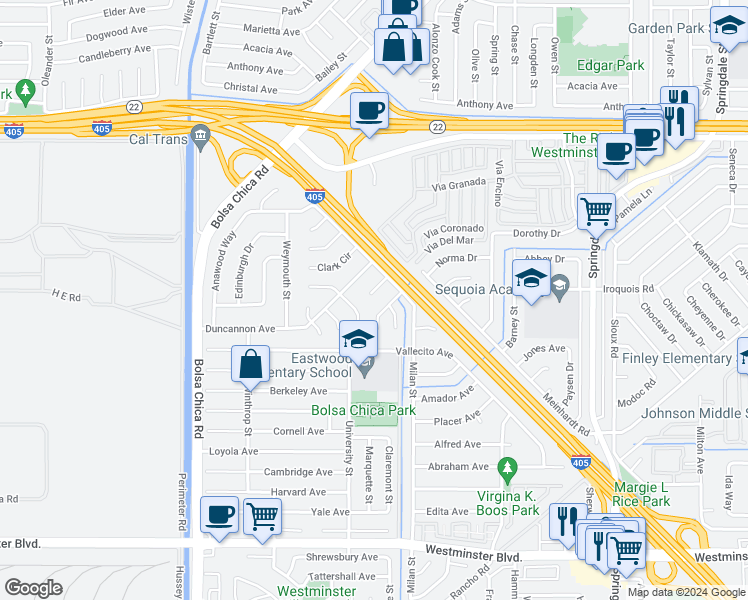 map of restaurants, bars, coffee shops, grocery stores, and more near 5382 Laverne Circle in Westminster