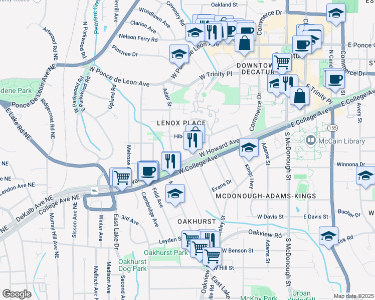 map of restaurants, bars, coffee shops, grocery stores, and more near 218 Ridley Lane in Decatur