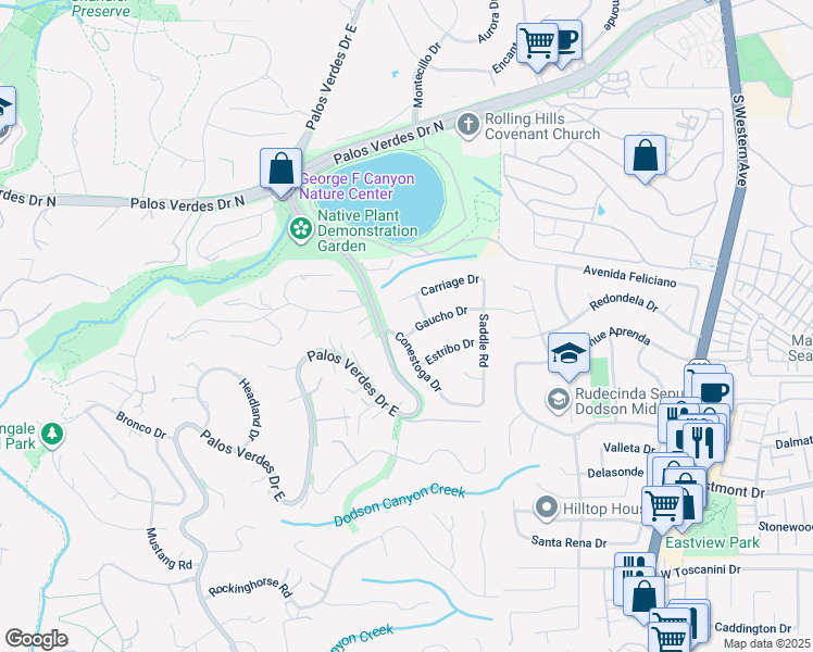 map of restaurants, bars, coffee shops, grocery stores, and more near 3 Gaucho Drive in Rolling Hills Estates