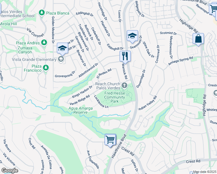 map of restaurants, bars, coffee shops, grocery stores, and more near 6710 Verde Ridge Road in Rancho Palos Verdes