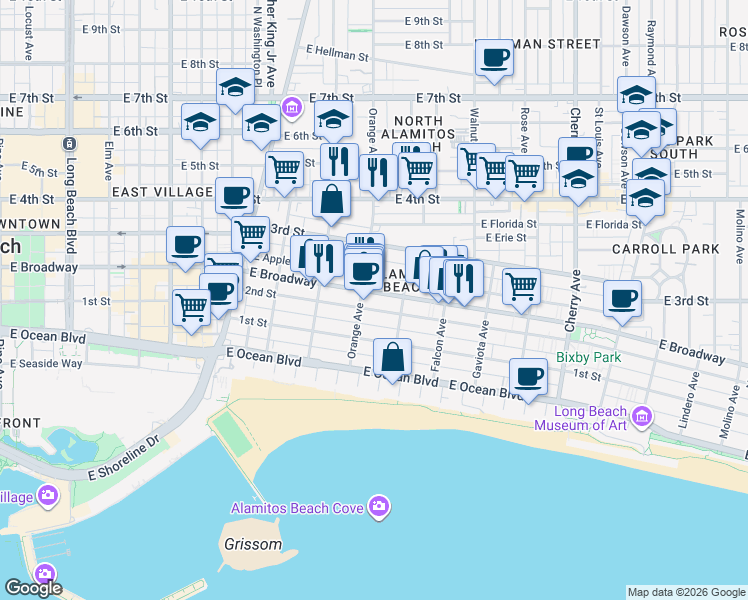 map of restaurants, bars, coffee shops, grocery stores, and more near 1231 2nd Street in Long Beach
