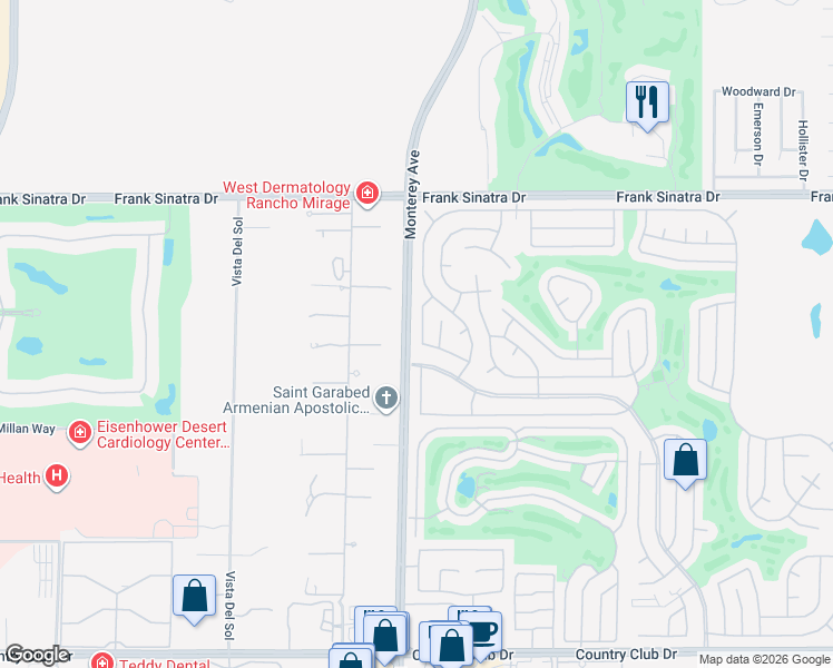 map of restaurants, bars, coffee shops, grocery stores, and more near 38595 Commons Valley Drive in Palm Desert