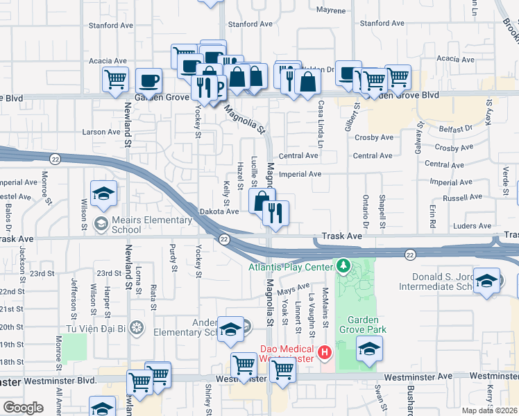 map of restaurants, bars, coffee shops, grocery stores, and more near 13392 Lucille Street in Garden Grove