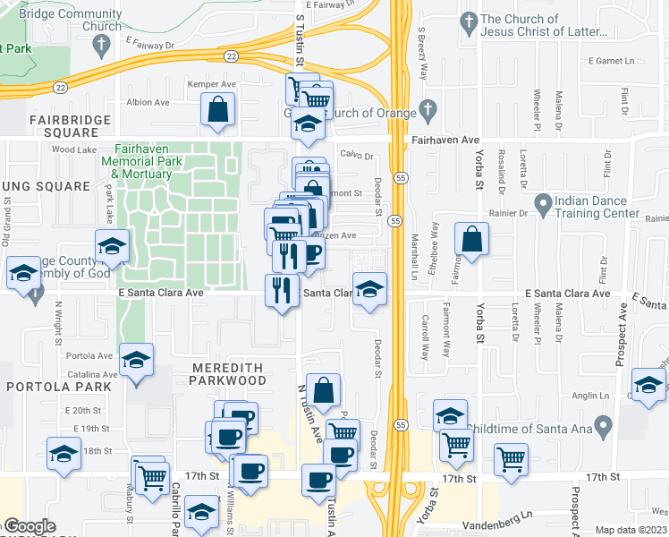 map of restaurants, bars, coffee shops, grocery stores, and more near 2201 East Santa Clara Avenue in Santa Ana