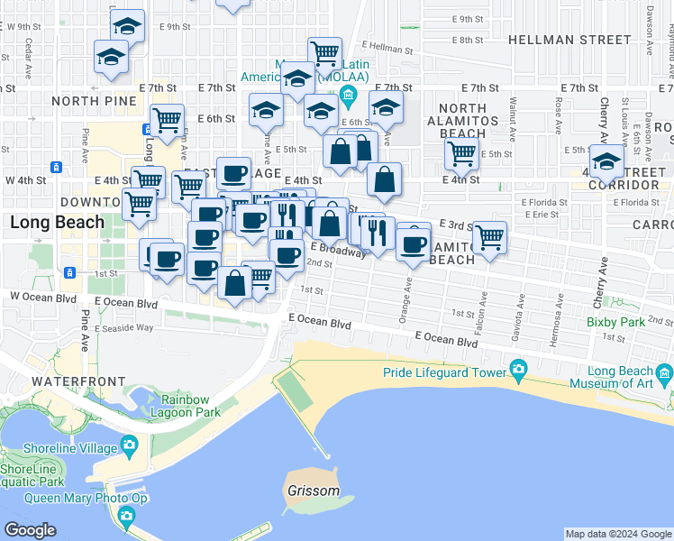 map of restaurants, bars, coffee shops, grocery stores, and more near 146 Bonito Avenue in Long Beach