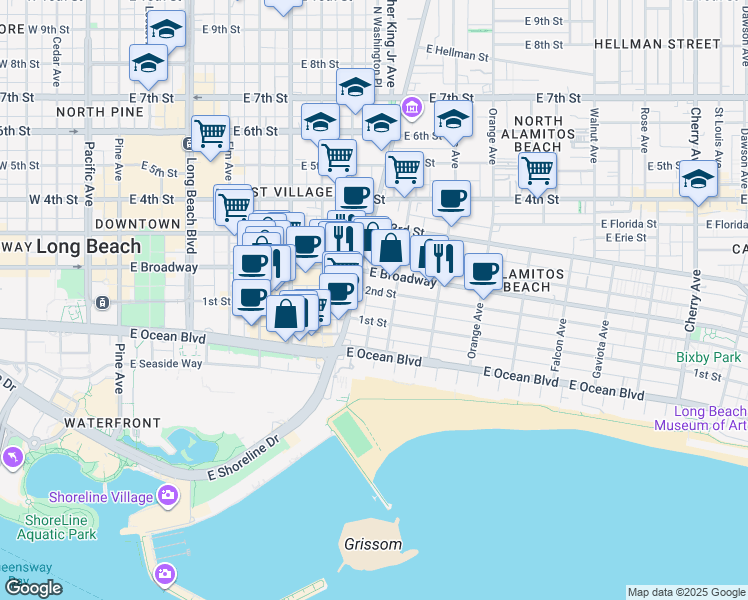 map of restaurants, bars, coffee shops, grocery stores, and more near 932 2nd Street in Long Beach