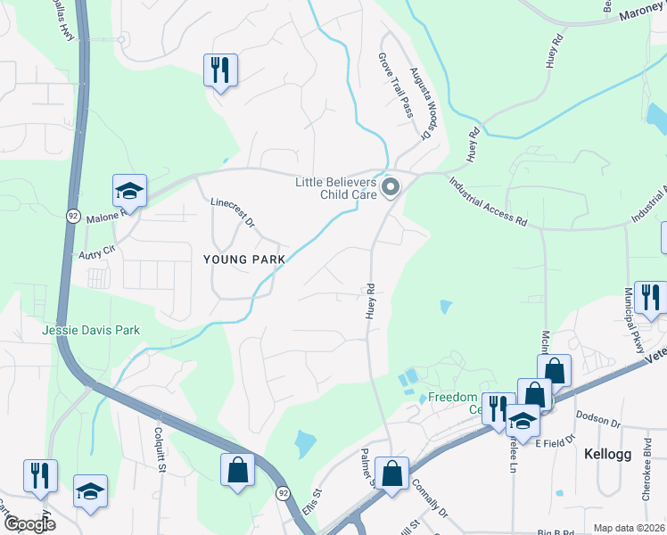 map of restaurants, bars, coffee shops, grocery stores, and more near 4925 Wynford Lane in Douglasville