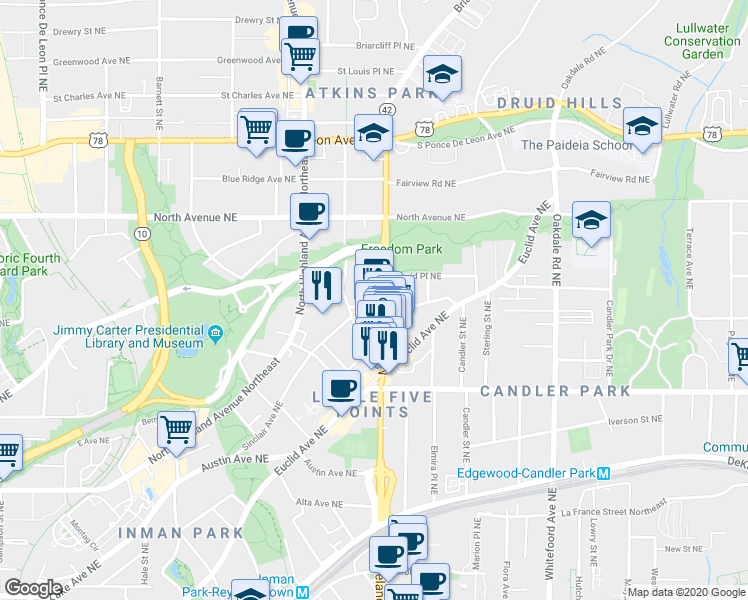 map of restaurants, bars, coffee shops, grocery stores, and more near 506 Moreland Avenue Northeast in Atlanta