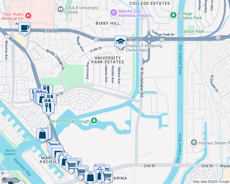 map of restaurants, bars, coffee shops, grocery stores, and more near 6264 East Vista Street in Long Beach
