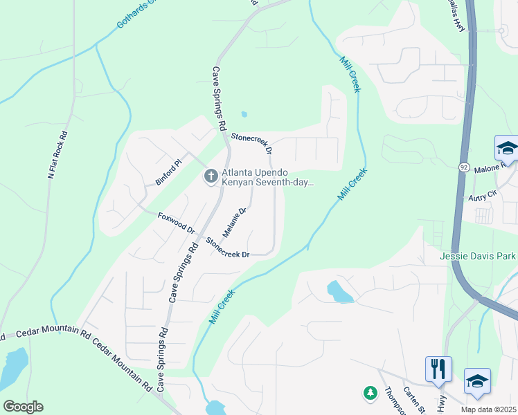 map of restaurants, bars, coffee shops, grocery stores, and more near 7756 Melanie Drive in Douglasville