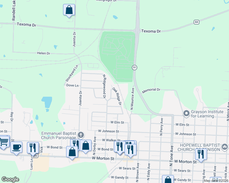 map of restaurants, bars, coffee shops, grocery stores, and more near 1107 Oak Ridge Drive in Denison