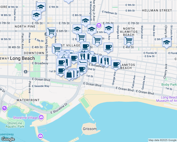 map of restaurants, bars, coffee shops, grocery stores, and more near 922 East 2nd Street in Long Beach