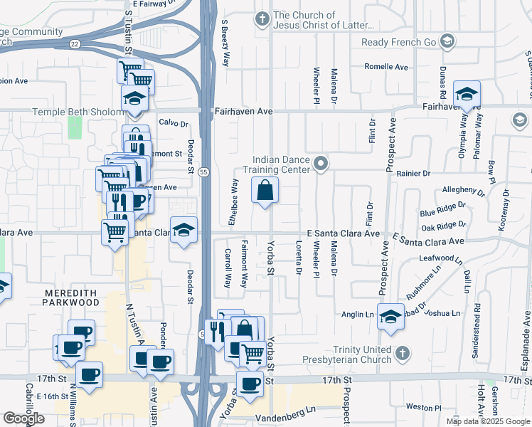 map of restaurants, bars, coffee shops, grocery stores, and more near 13361 Yorba Street in Santa Ana