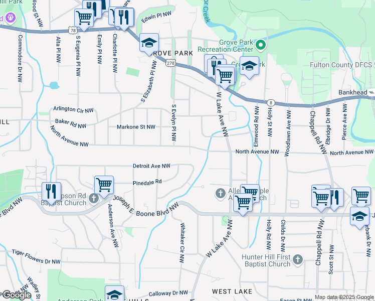 map of restaurants, bars, coffee shops, grocery stores, and more near 1740 North Avenue Northwest in Atlanta