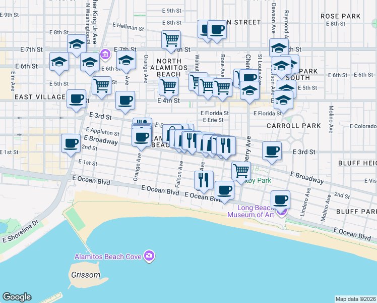 map of restaurants, bars, coffee shops, grocery stores, and more near 1513 East Broadway in Long Beach