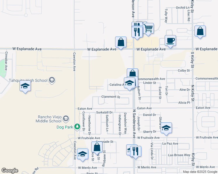 map of restaurants, bars, coffee shops, grocery stores, and more near 3641 Catalina Avenue in Hemet