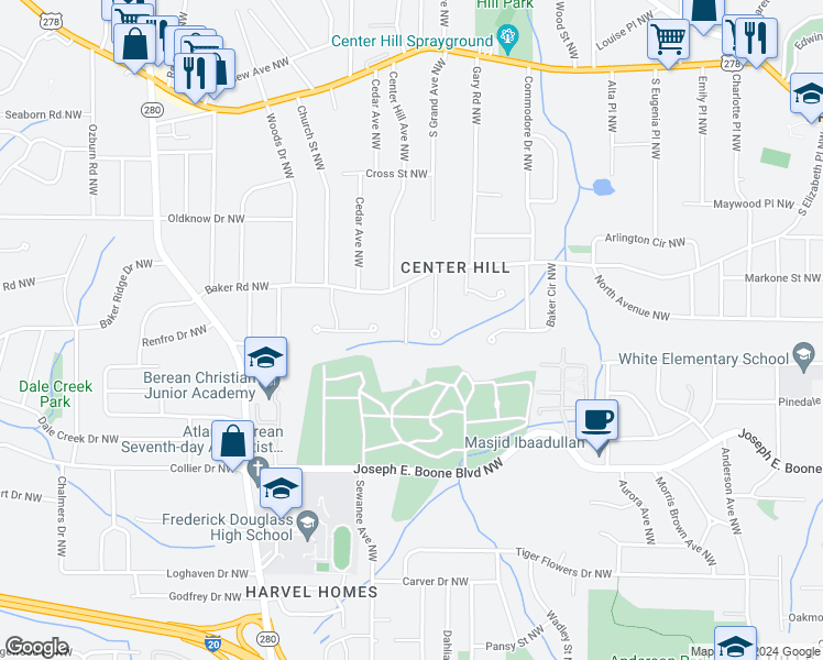 map of restaurants, bars, coffee shops, grocery stores, and more near 475 Center Hill Avenue Northwest in Atlanta